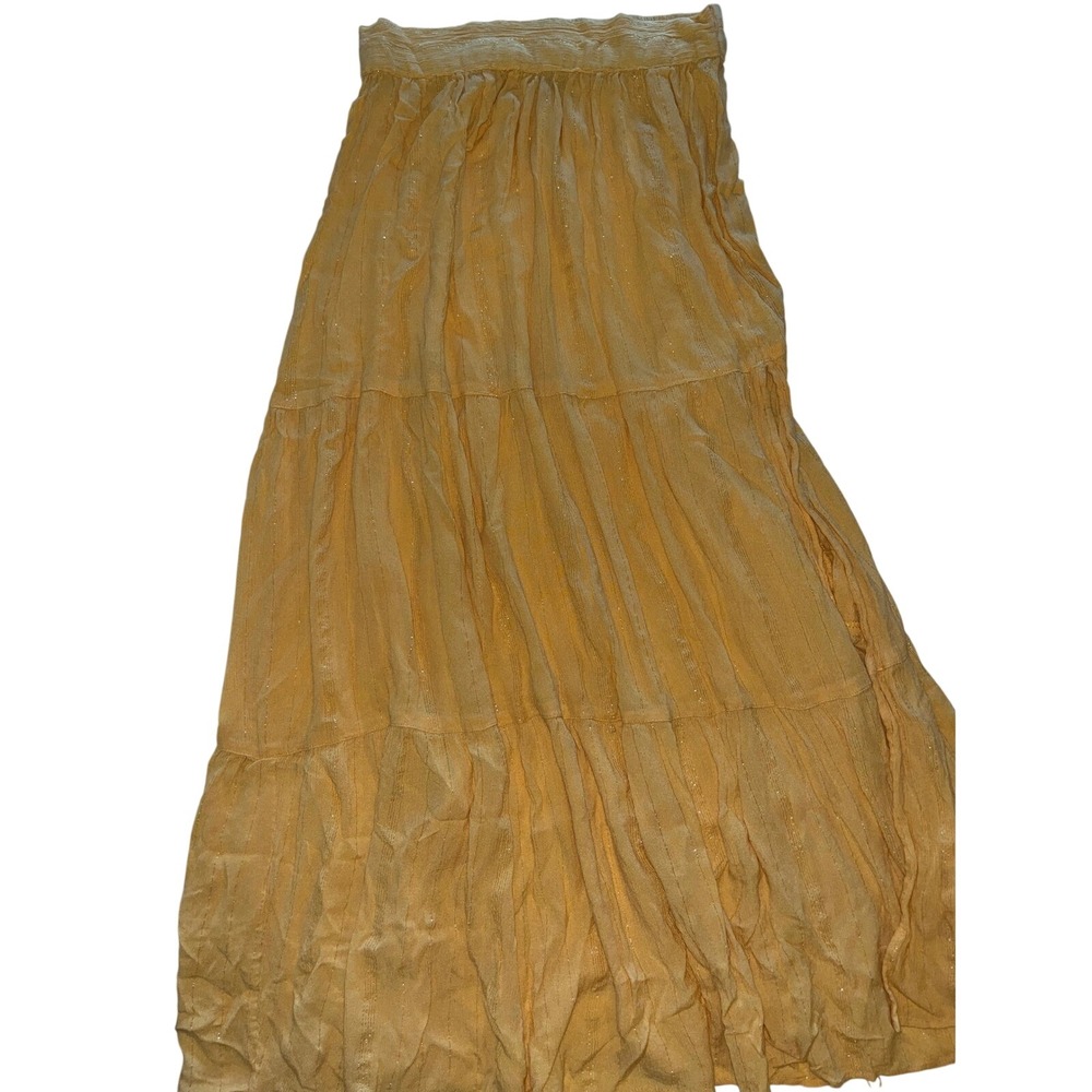 Miani for Francesca's Yellow Metallic Striped Tiered Maxi Skirt Boho Women's S